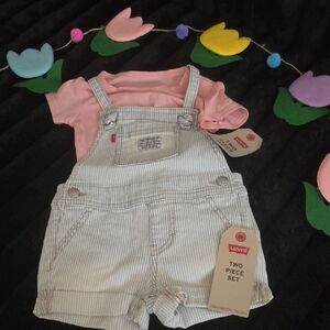 Levi's Kids Cream Striped Overalls with Pink Tee